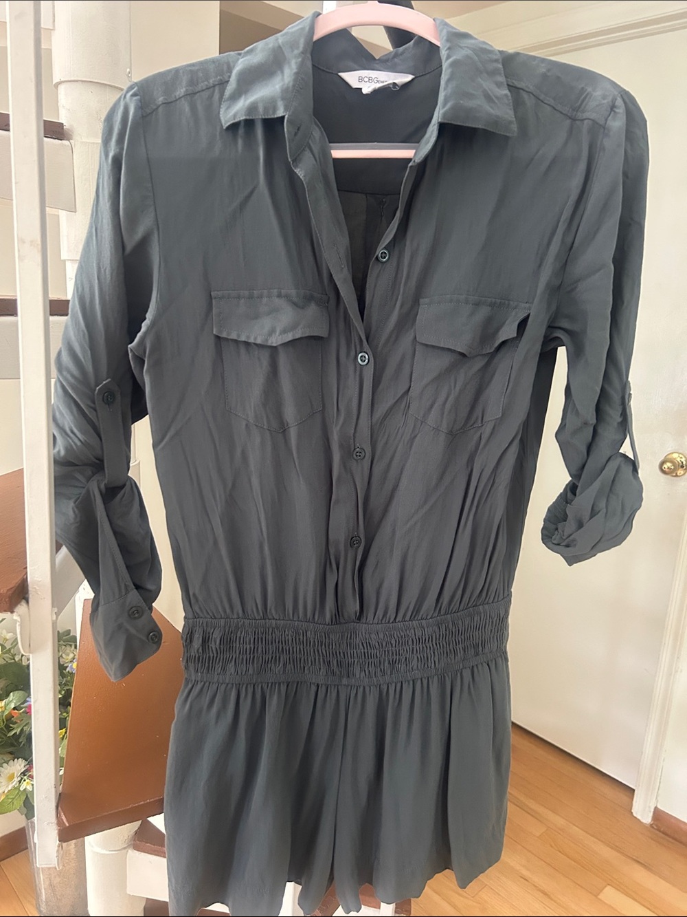 BCBGMaxAzria  Long-Sleeve Shirtwaist Shorts Romper